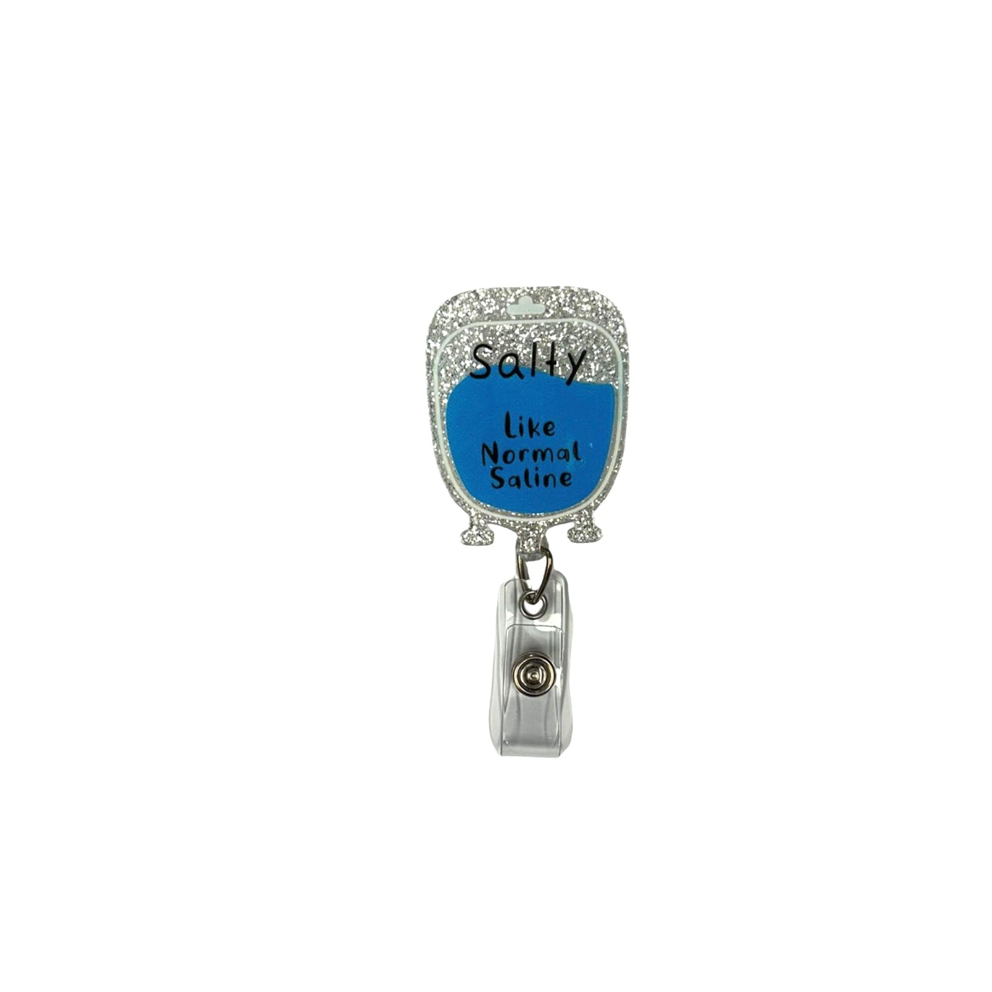 Saline bag badge holder